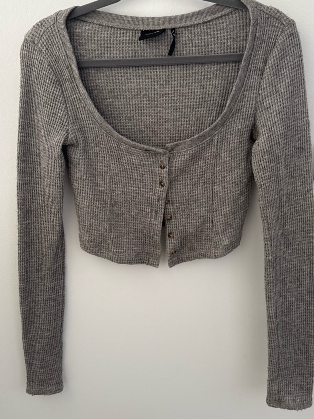 Urban Outfitters Gray Waffle-Knit Scoop Button Crop Top